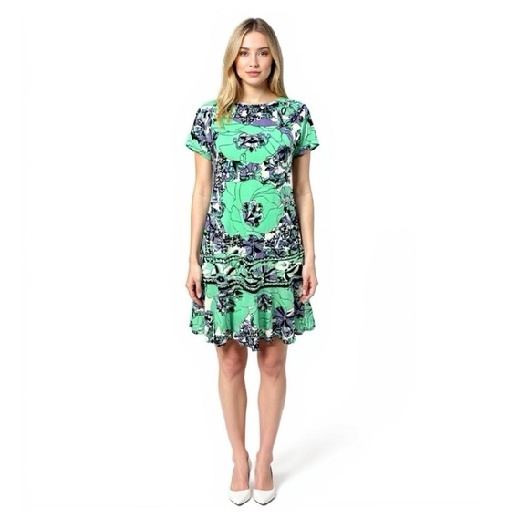 DONNA MORGAN Women’s Size 4 Floral Dress Short Sleeve Mini Ruffle Hem Green - Picture 2 of 13